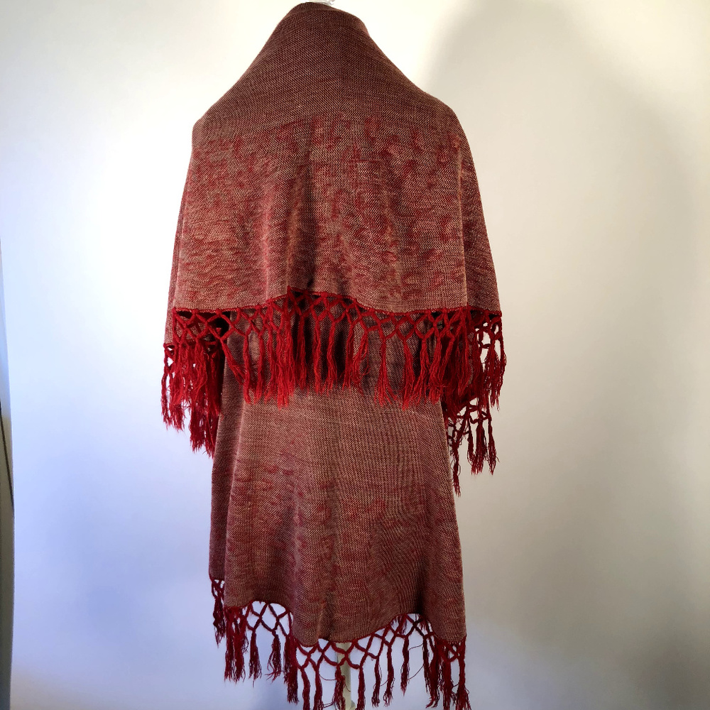 Long Red RUST Oversized BOHO Fringed Jacket CAPE